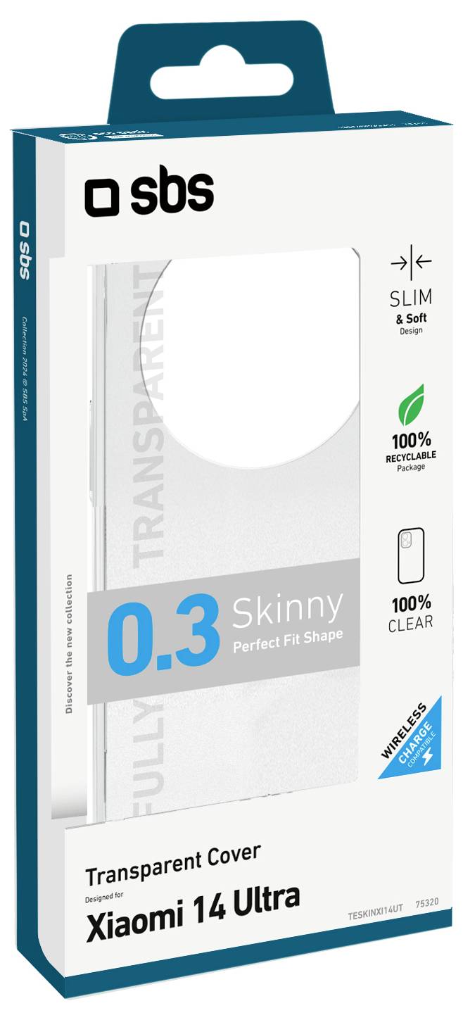 Emballage de housse de téléphone transparente pour Xiaomi 14 Ultra, mettant en évidence des caractéristiques telles que « 0,3 Skinny », « 100 % recyclable » et « 100 % transparent ».