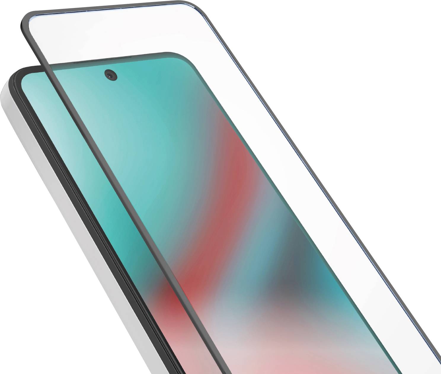 Un smartphone avec une protection en verre pour l'écran, dotée d'un design épuré et de bords arrondis, mettant en avant son apparence élégante et moderne.