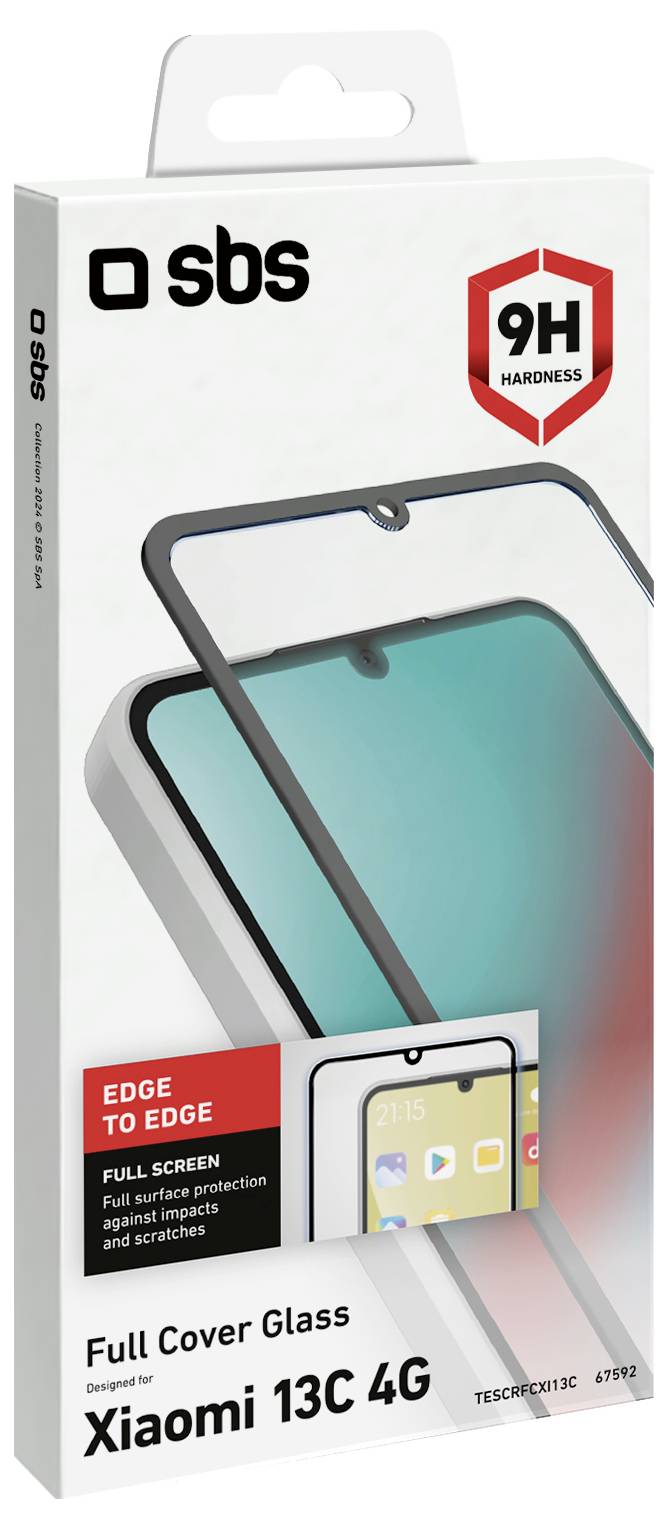 Emballage « Full Cover Glass » pour Xiaomi 13C 4G. Les points forts incluent « Dureté 9H », couverture « Bord à Bord », et image du protecteur d'écran du téléphone.