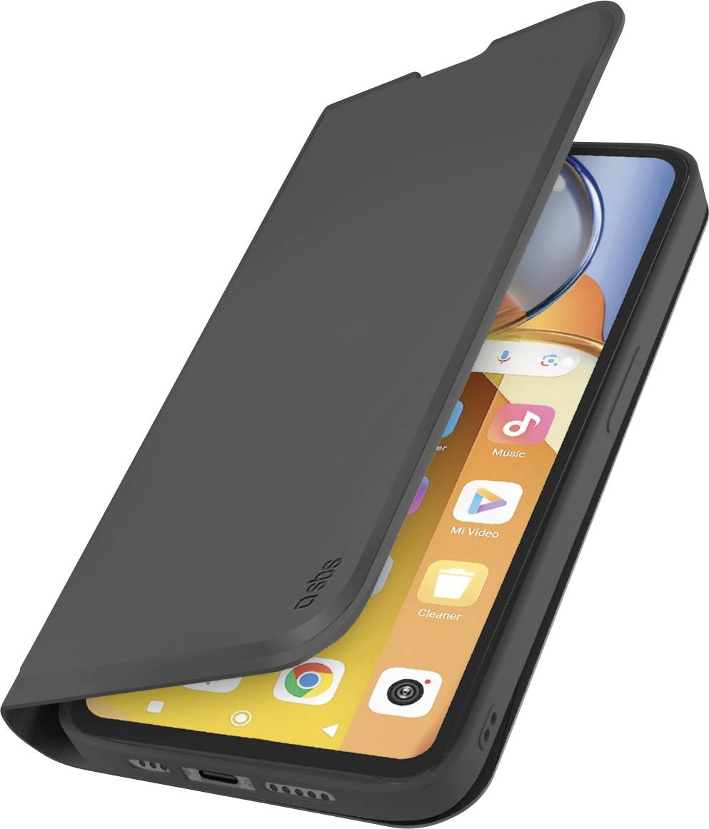 Un smartphone avec un étui rabattable noir, affichant un écran d'accueil jaune avec diverses icônes d'applications, légèrement ouvert pour révéler l'écran.