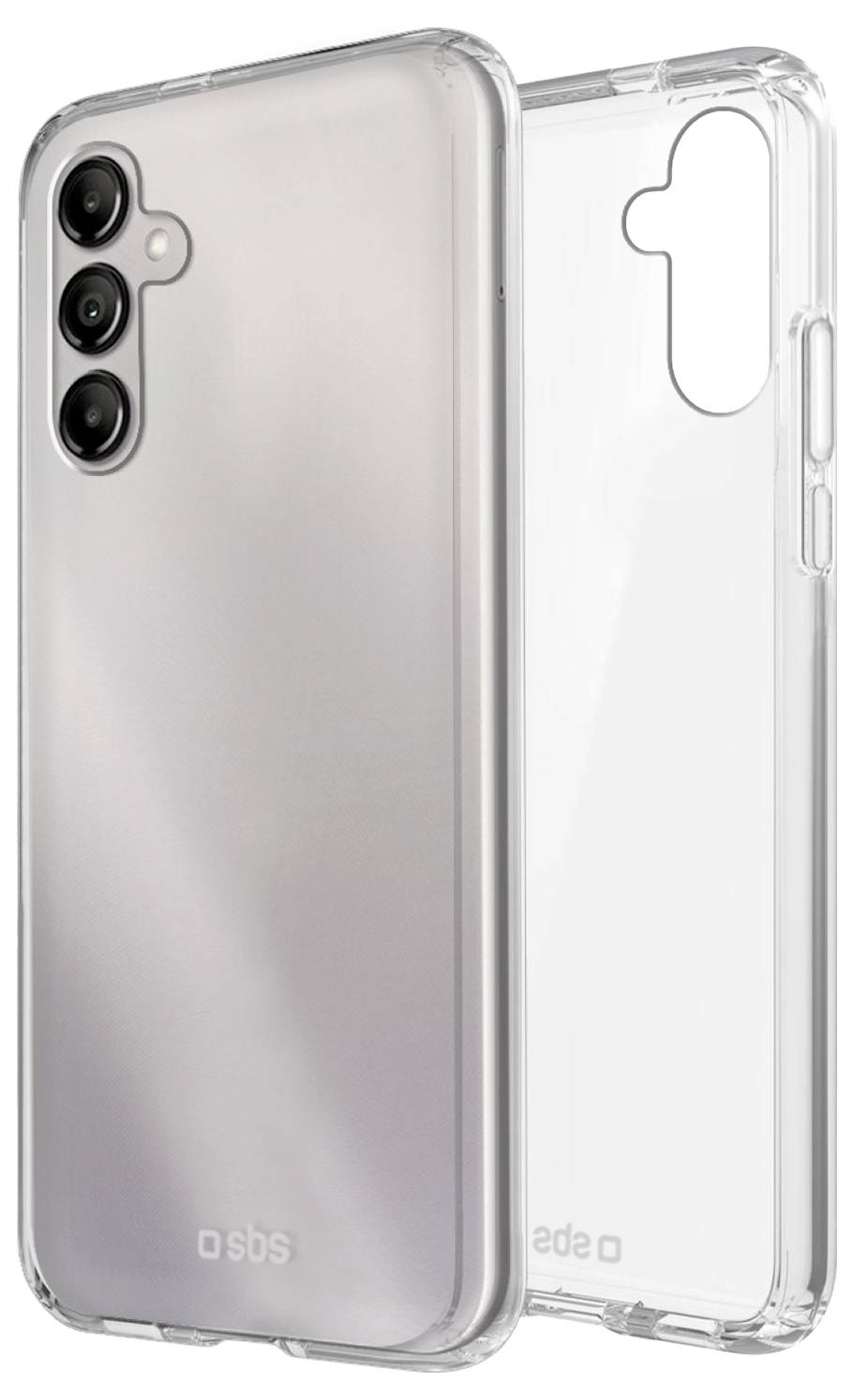 Un étui de téléphone transparent présenté sur un smartphone, mettant en évidence les découpes pour la caméra et les boutons, avec le logo de marque « sbs » visible à l'arrière.