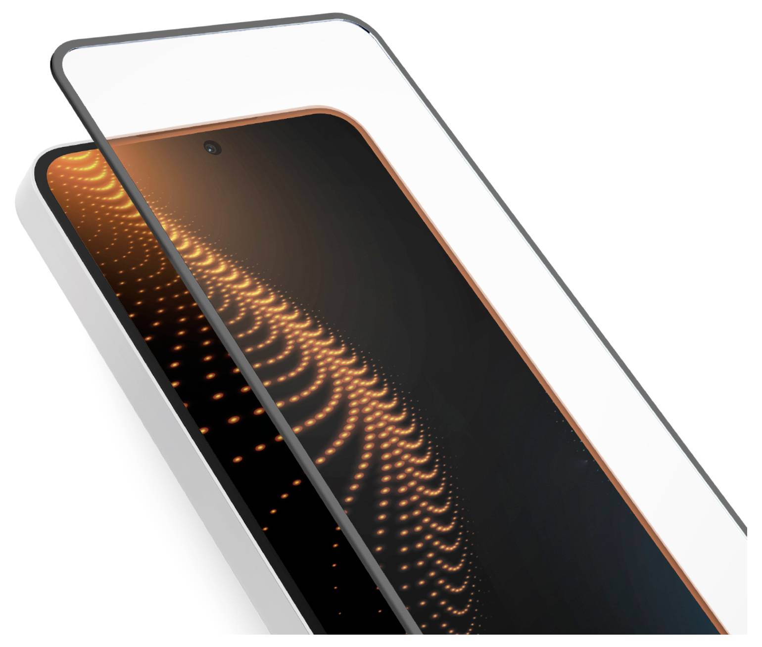 Un smartphone avec un motif lumineux orange vibrant sur l'écran, partiellement recouvert par un protecteur d'écran, sur un fond blanc.