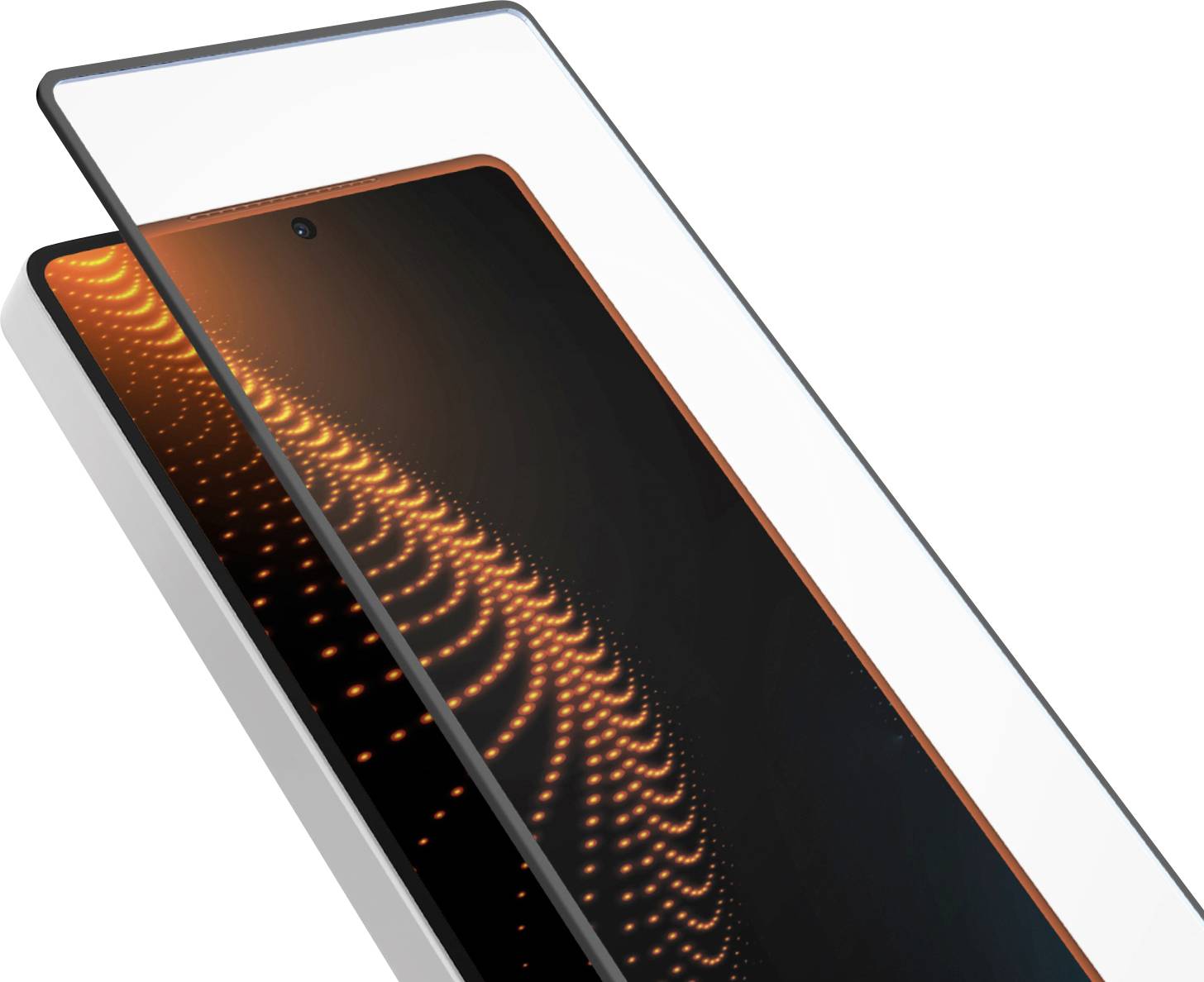 Gros plan d'un smartphone avec un écran courbe, mettant en évidence un motif abstrait de points orange lumineux sur un fond noir.