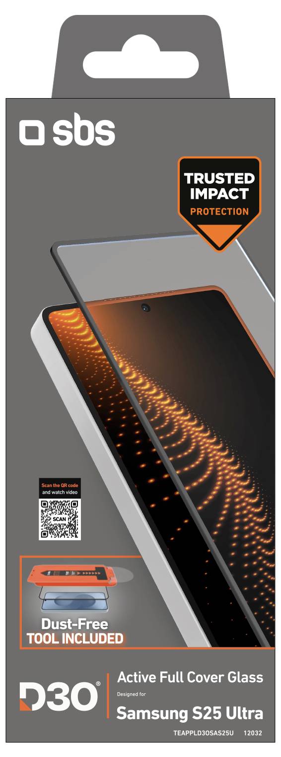 Boîte de verre de protection intégrale SBS D3O Active pour Samsung S25 Ultra. Les caractéristiques incluent une protection contre les chocs fiable et un outil sans poussière inclus.