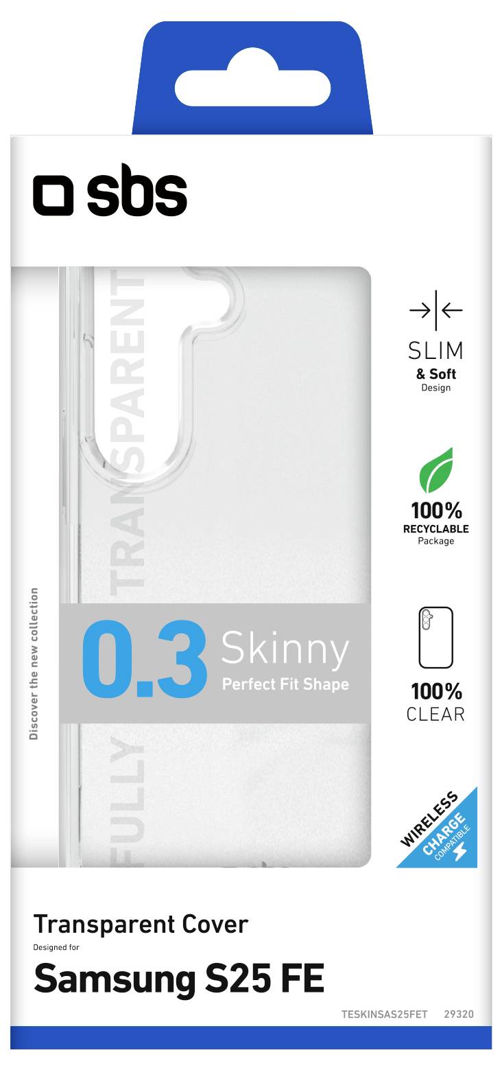 « Coque transparente conçue pour Samsung S25 FE », lit-on à l'avant du paquet. Elle souligne un ajustement mince et doux, 100% recyclable, et la prise en charge de la recharge sans fil.