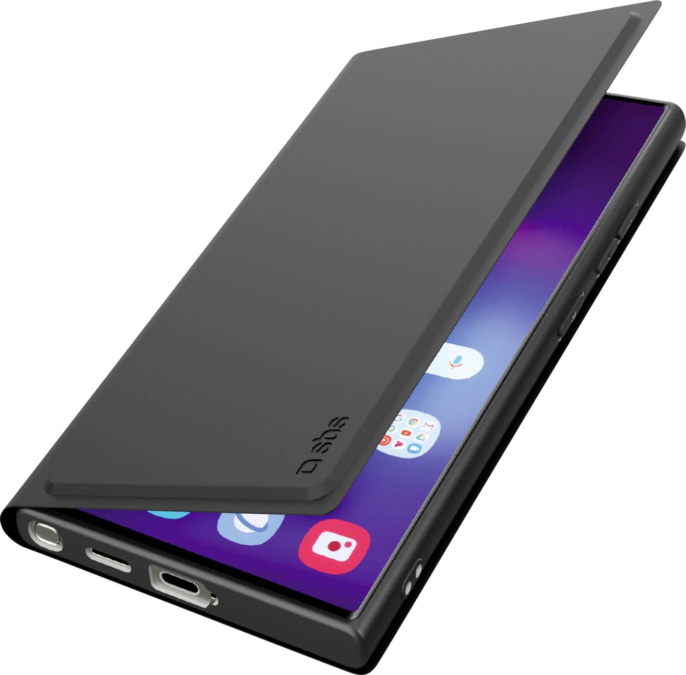 Un smartphone avec un étui à rabat partiellement ouvert, affichant un écran lumineux avec des icônes d'application.