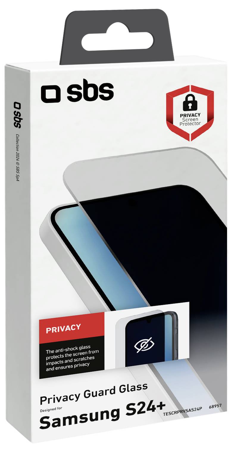 Emballage "Privacy Guard Glass" pour Samsung S24+, mettant en évidence la protection anti-choc et les fonctionnalités de confidentialité avec icône de sécurité.