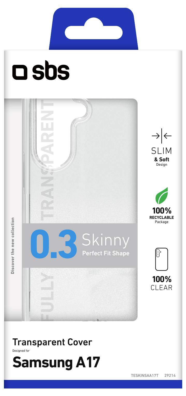 Emballage « Housse Transparente pour Samsung A17 », présentant un design fin et doux, avec un matériau entièrement transparent. Mettant en évidence un profil ultra-fin de 0,3 mm.