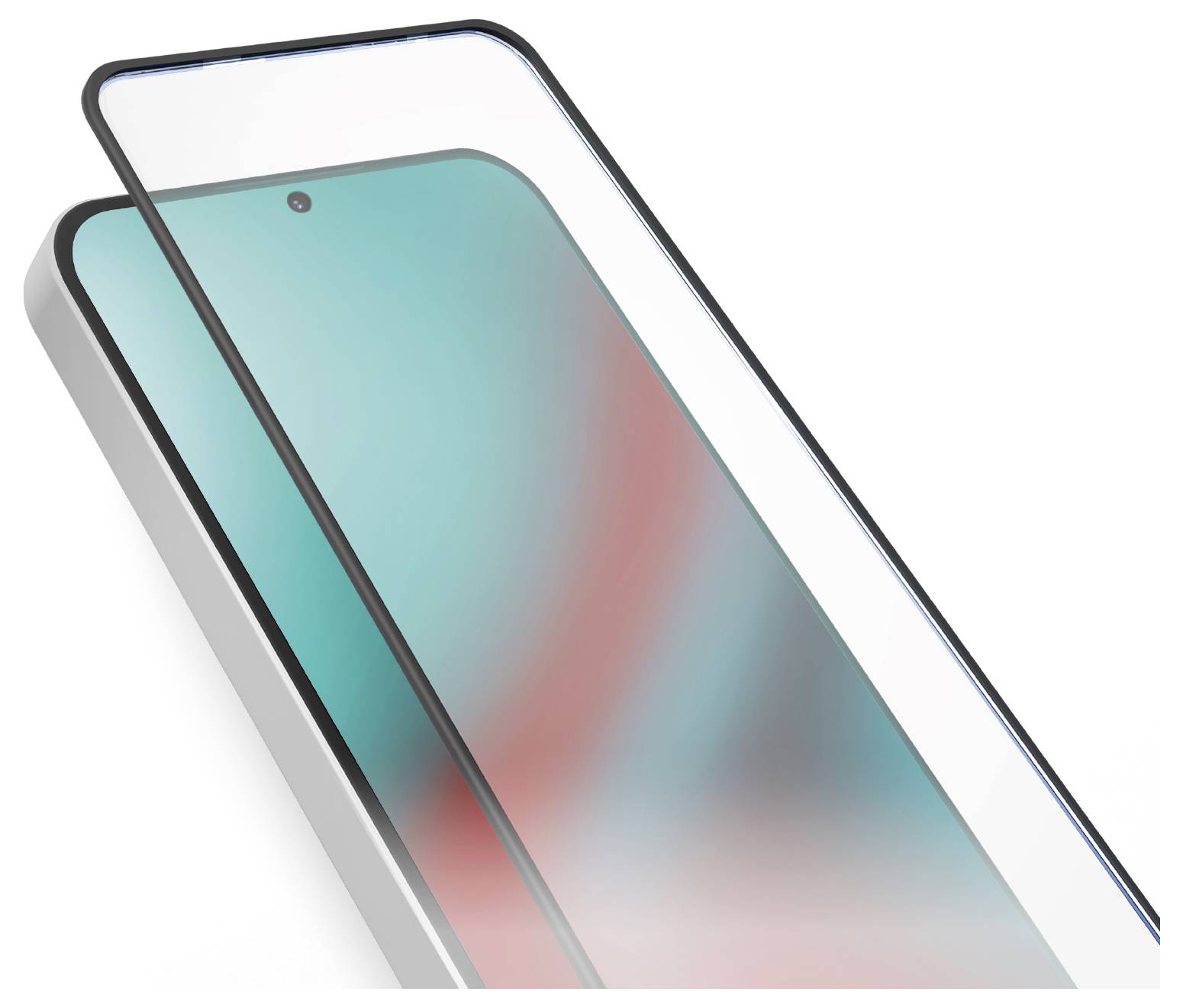 Un gros plan d'un smartphone avec un protecteur d'écran en cours d'application, montrant la caméra frontale et une partie de l'affichage vibrant.