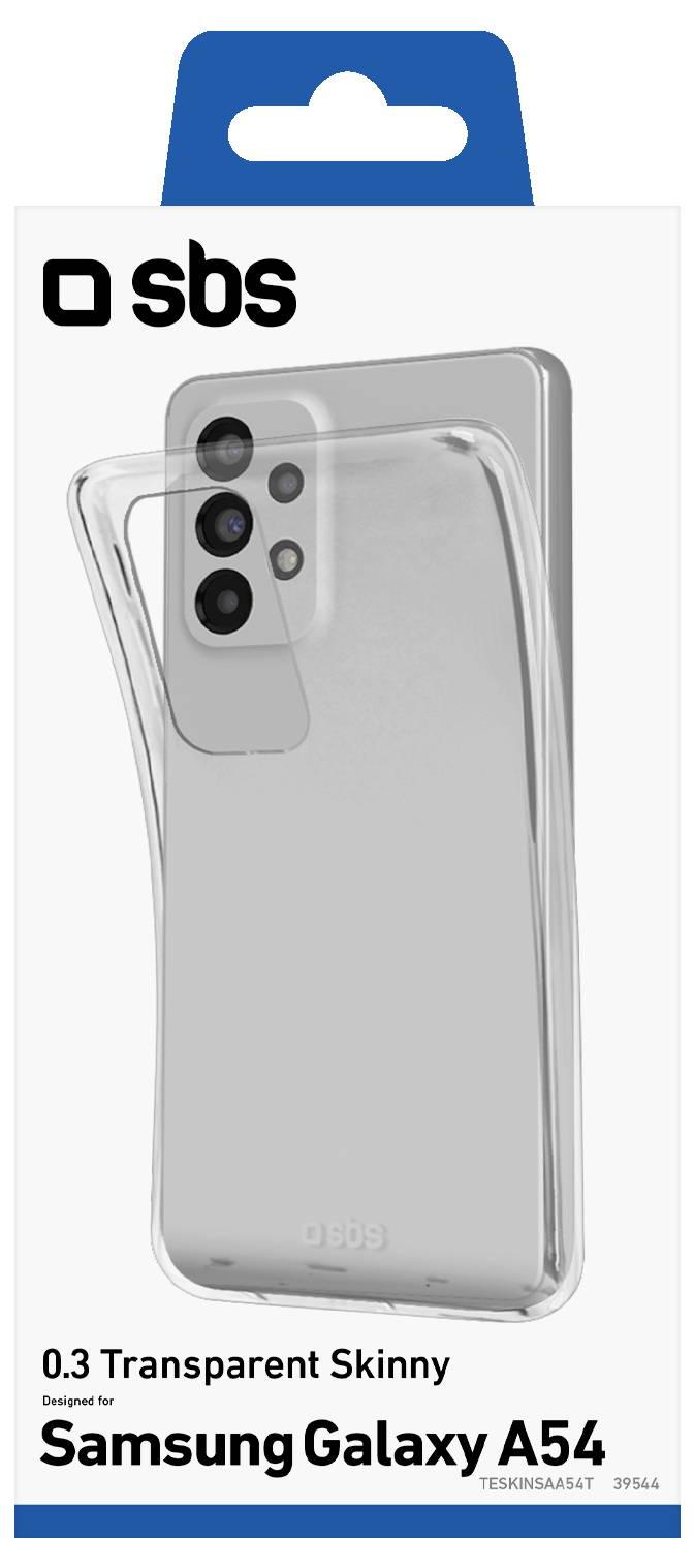 Emballage transparent de coque de téléphone pour un Samsung Galaxy A54, montrant une coque claire et fine avec des découpes pour l'appareil photo sur un fond bleu et blanc.