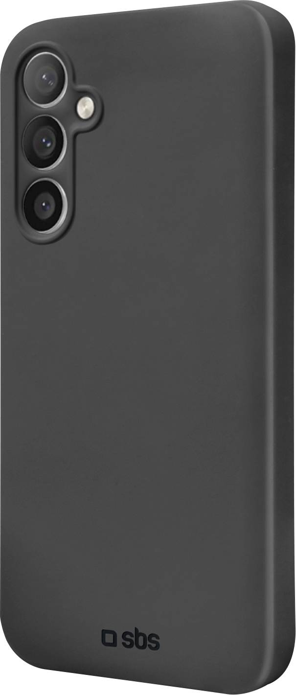 Smartphone noir avec un triple appareil photo à l'arrière. Le téléphone a une finition mate élégante et le logo « sbs » en bas.