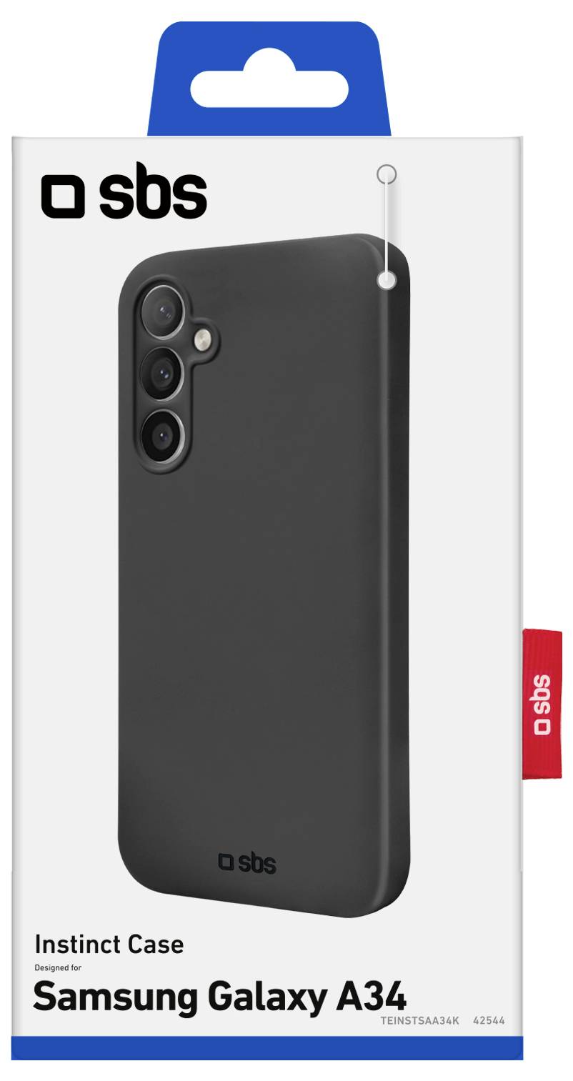 Le packaging du 'Instinct Case pour Samsung Galaxy A34' présente une image d'une coque noire avec des découpes pour l'appareil photo et le logo sur la boîte.