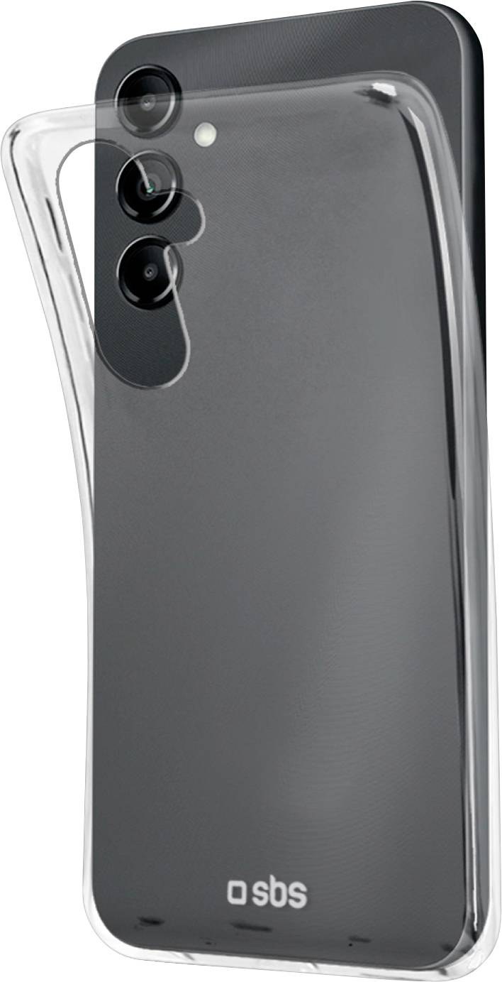 Un smartphone avec un étui de protection transparent, montrant trois caméras arrière et le logo 'sbs' en bas.