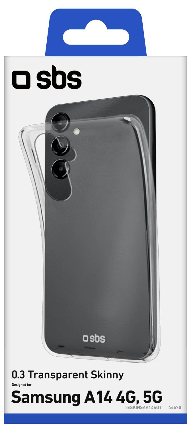 Emballage de coque de téléphone pour « 0.3 Transparent Skinny » par SBS, conçu pour Samsung A14 4G, 5G. Coque transparente visible sur l'image du téléphone noir.