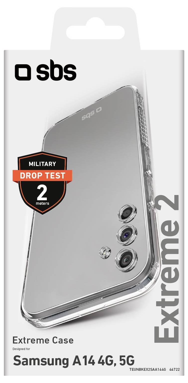 « Étui extrême pour Samsung A14 », présentant trois découpes pour les objectifs de caméra et portant la certification « Essai de chute militaire » pour 2 mètres.