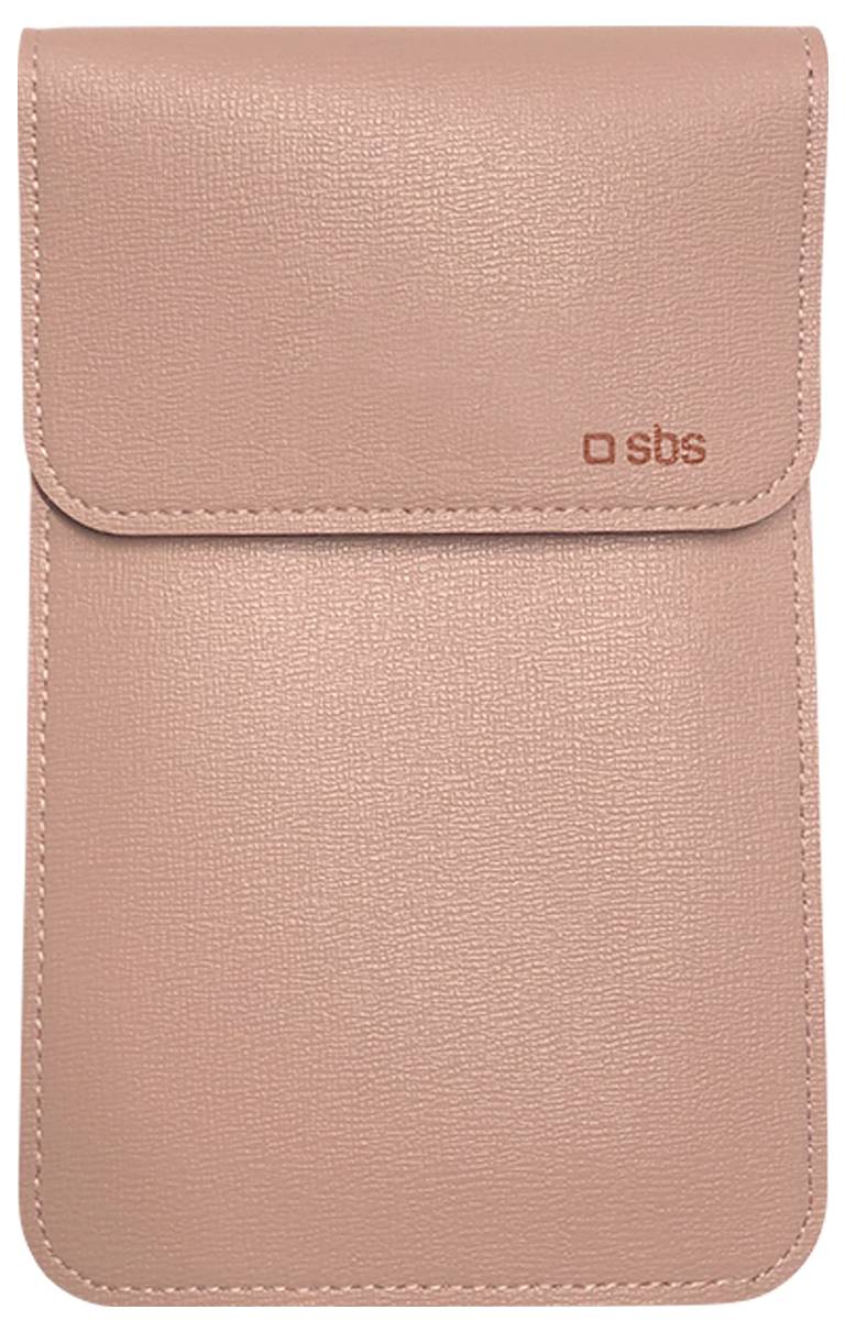 Une pochette pour téléphone en cuir rose avec fermeture à rabat, présentant le logo « sbs » gravé en relief dans le coin supérieur droit.