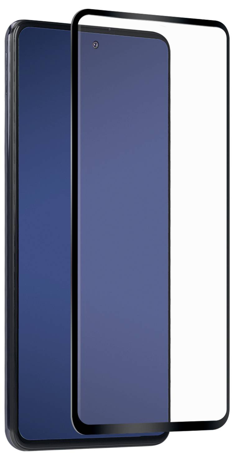 Un smartphone avec un écran bleu foncé et un cadre rectangulaire noir séparé positionné devant, probablement représentant une protection d'écran.