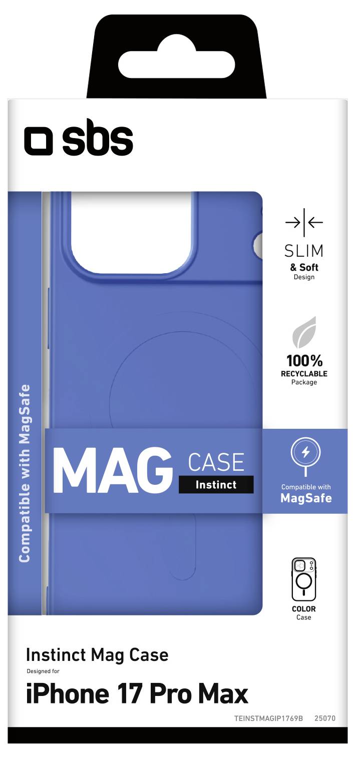 Étui 'Instinct Mag Case' bleu pour iPhone 17 Pro Max en emballage. Caractéristiques : fin, doux, compatible MagSafe, matériau 100 % recyclable.