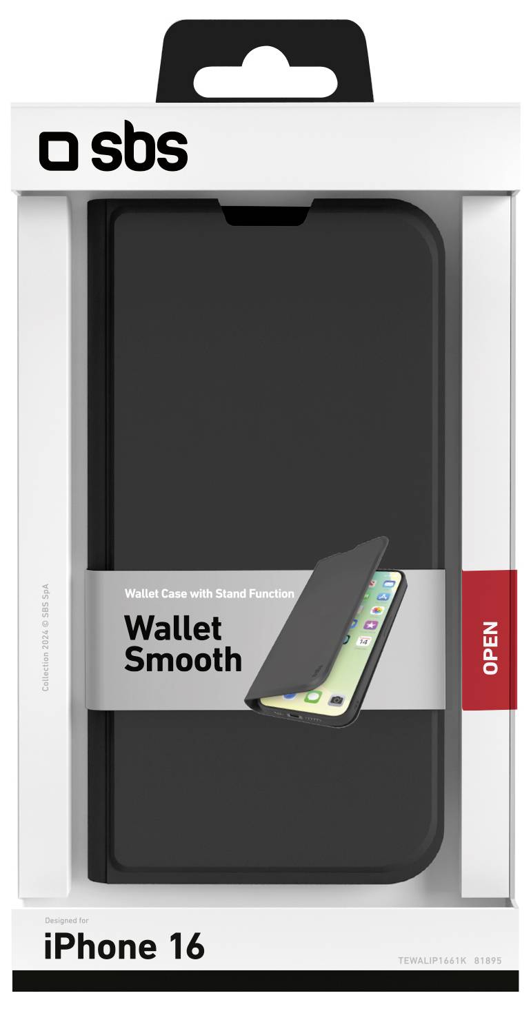 Étui de téléphone noir « Wallet Smooth » avec fonction support pour iPhone 16 présenté dans son emballage.