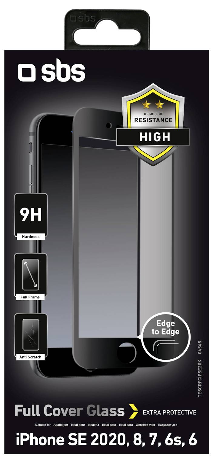 'Protecteur d'écran en verre intégral pour iPhone SE 2020, 8, 7, 6s, 6, emballage montrant une haute résistance, dureté 9H, et une couverture bord à bord.'