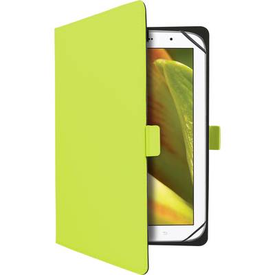 Une tablette à couverture verte partiellement ouverte, révélant une image florale sur l'écran.