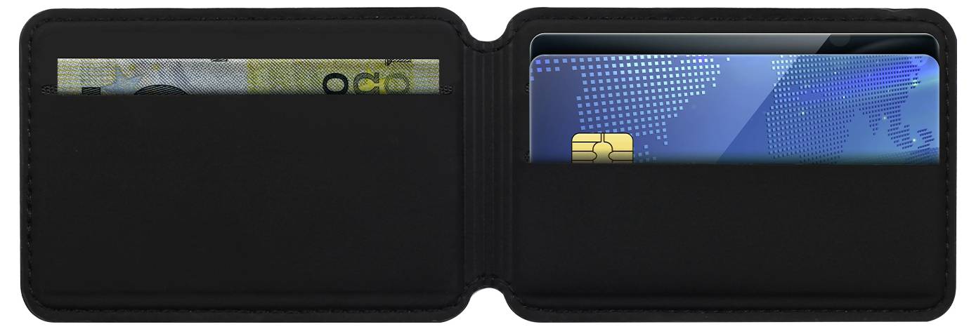 Un portefeuille noir ouvert montrant un billet de banque à gauche et une carte de crédit bleue avec une puce dorée à droite.
