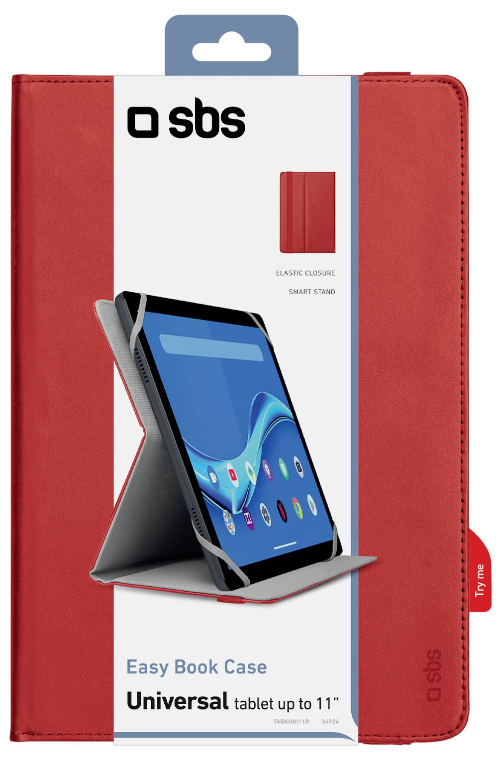 Emballage d'étui de tablette rouge présentant le logo « SBS », avec une image d'une tablette dans un support pliable. Le texte indique « Universel, tablette jusqu'à 11" ».