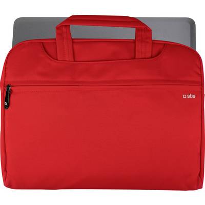 Un sac pour ordinateur portable rouge vif avec des poignées et une poche avant avec fermeture à glissière, révélant partiellement un ordinateur portable argenté fermé à l'intérieur.