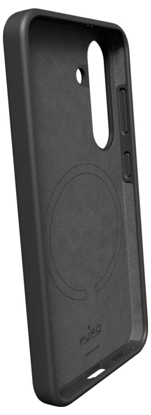 Un étui de protection téléphonique noir avec pare-chocs et découpes de boutons, montrant un design intérieur pour la compatibilité de la charge sans fil.