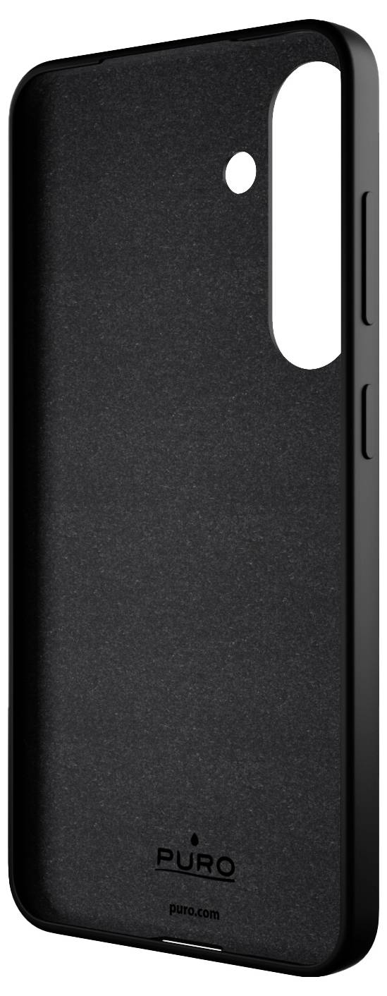 Étui téléphonique avec finition noire mate, comportant des ouvertures pour l'appareil photo et les boutons, marqué de la marque « PURO » en bas.