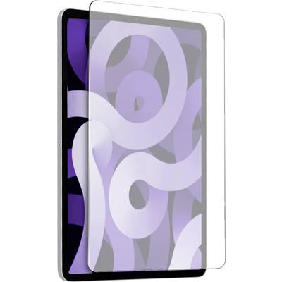 Une tablette avec un motif abstrait ondulé violet sur l'écran et un film de protection d'écran transparent partiellement appliqué.