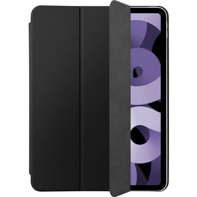 Un étui de tablette noir partiellement ouvert, révélant l'écran affichant des cercles violets abstraits.