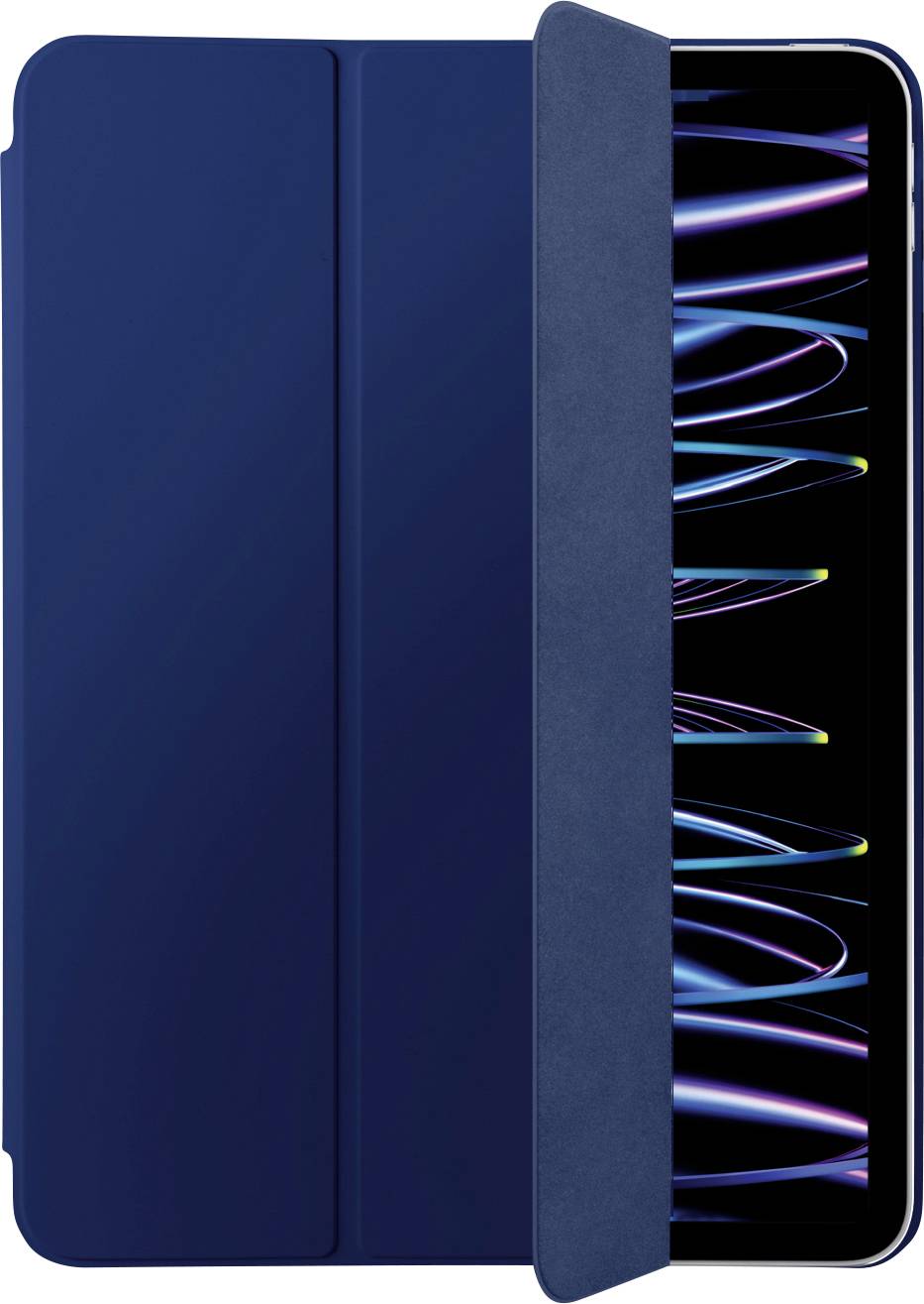Une housse de tablette bleue est partiellement ouverte, révélant l'écran d'une tablette affichant des lignes ondulantes colorées sur un fond noir.