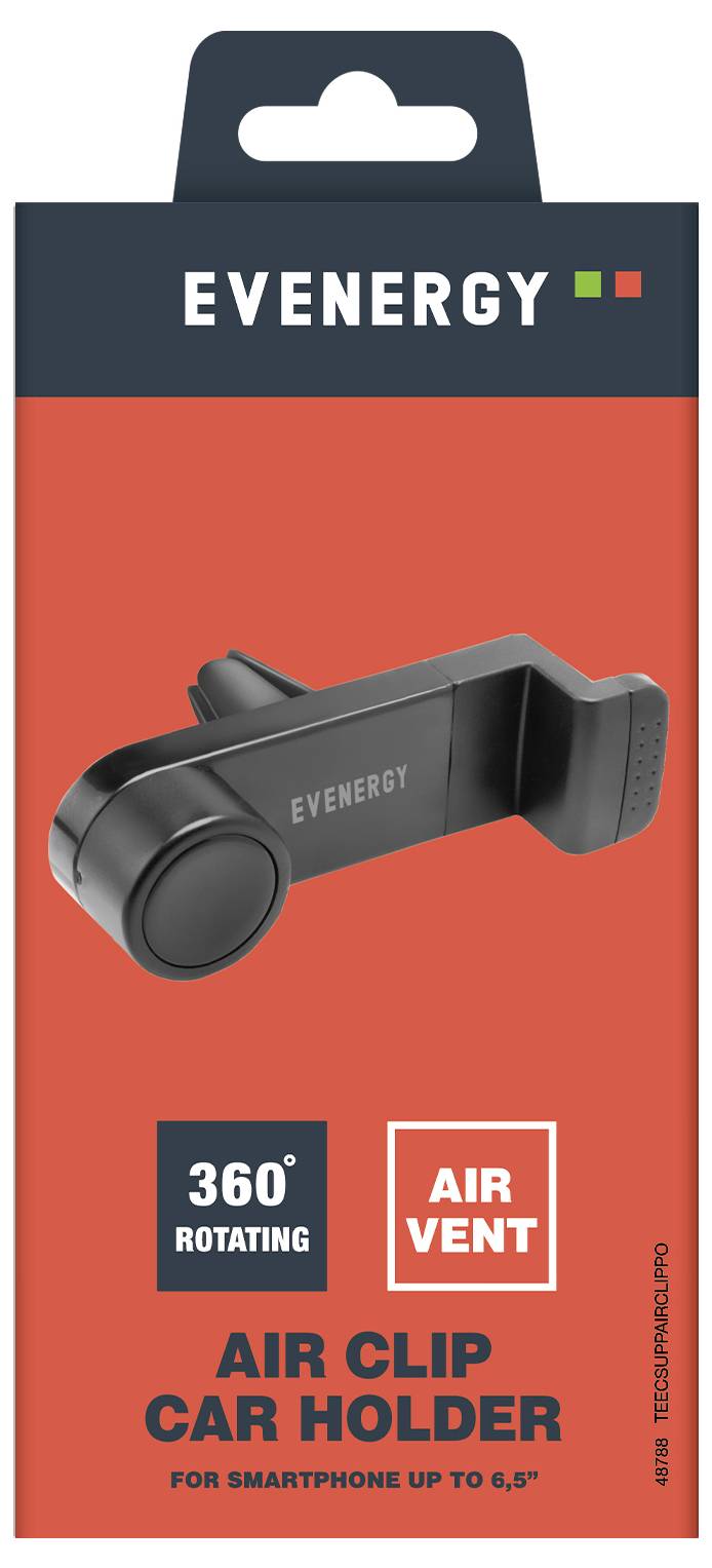 Emballage 'Evenergy Air Clip Car Holder' avec image d'un support de téléphone noir. Le texte met en évidence '360° rotatif', 'pour smartphone jusqu'à 6,5".'