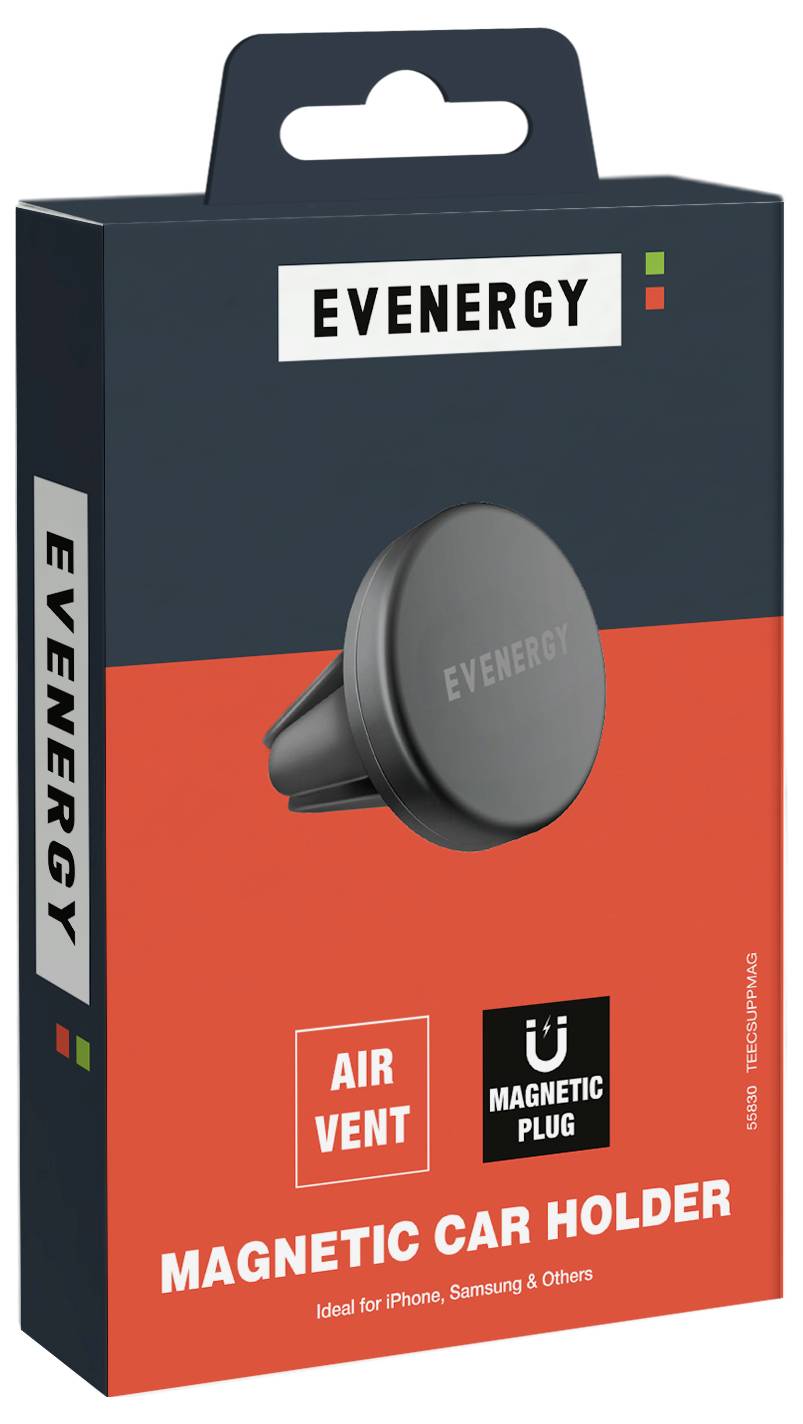 Support magnétique pour voiture 'Evenergy' - Présentoir d'emballage affichant un support de voiture circulaire pour grilles d'aération, compatible avec iPhone et Samsung.