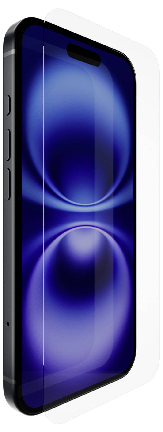 Téléphone intelligent avec un écran à motif abstrait bleu, présenté avec un étui de protection transparent.