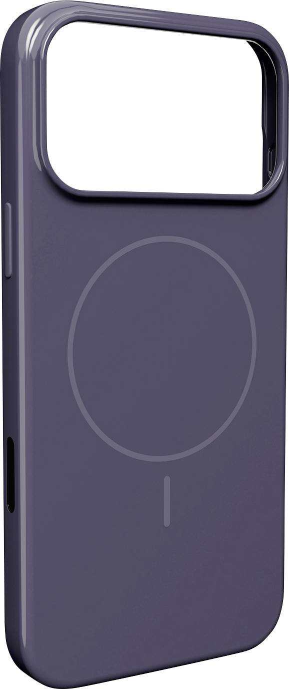 Un étui de smartphone transparent avec un design circulaire blanc au dos, compatible avec la recharge sans fil.