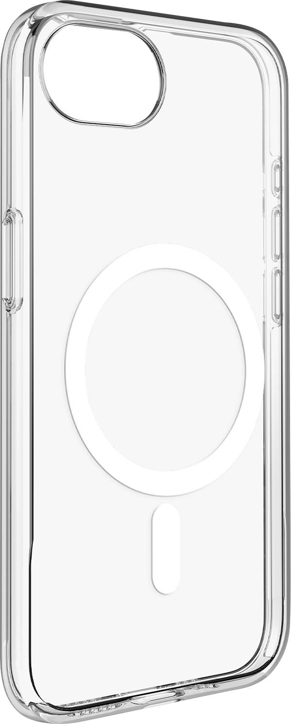Un étui de téléphone transparent avec un anneau MagSafe circulaire conçu pour un iPhone, montrant des découpes de boutons sur le côté.