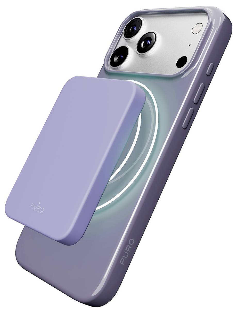 Un smartphone violet avec un chargeur sans fil magnétique attaché à l'arrière, affichant un voyant de charge circulaire.