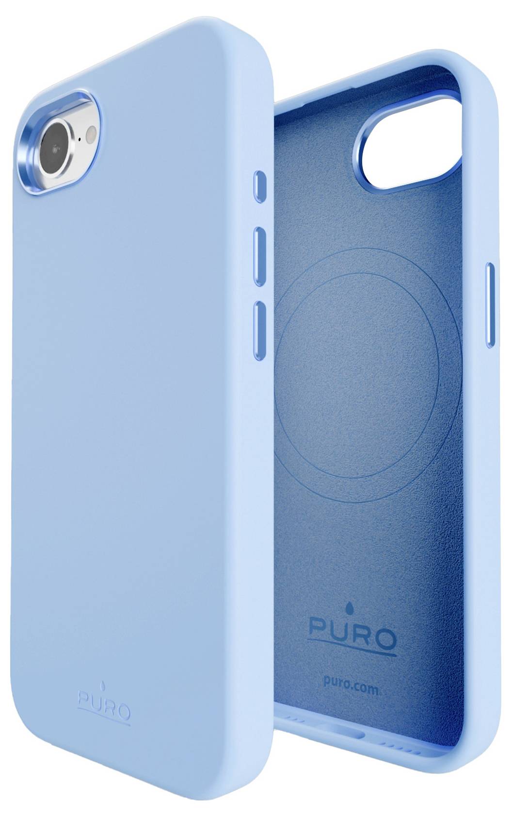 Un étui de smartphone bleu avec un design simple, mettant en avant ses caractéristiques de protection et ses découpes précises pour l'appareil photo et les boutons.