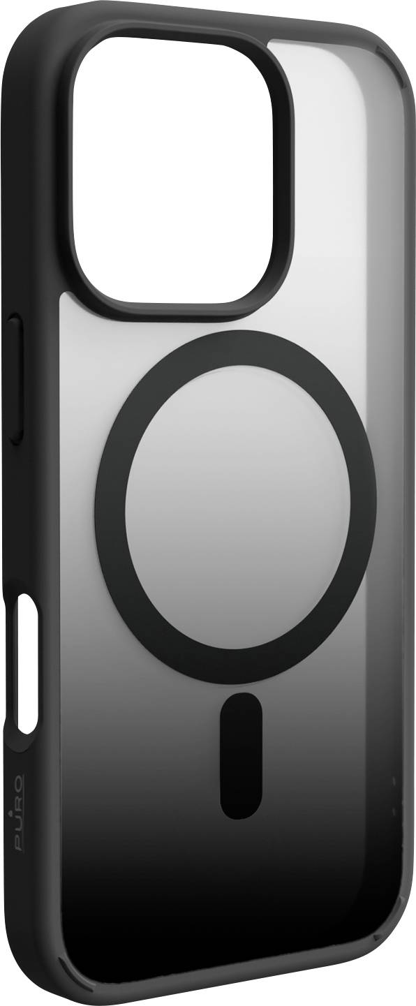 Un étui téléphone élégant, noir et transparent, avec un design MagSafe circulaire, offrant une protection et un support magnétique pour les appareils compatibles.