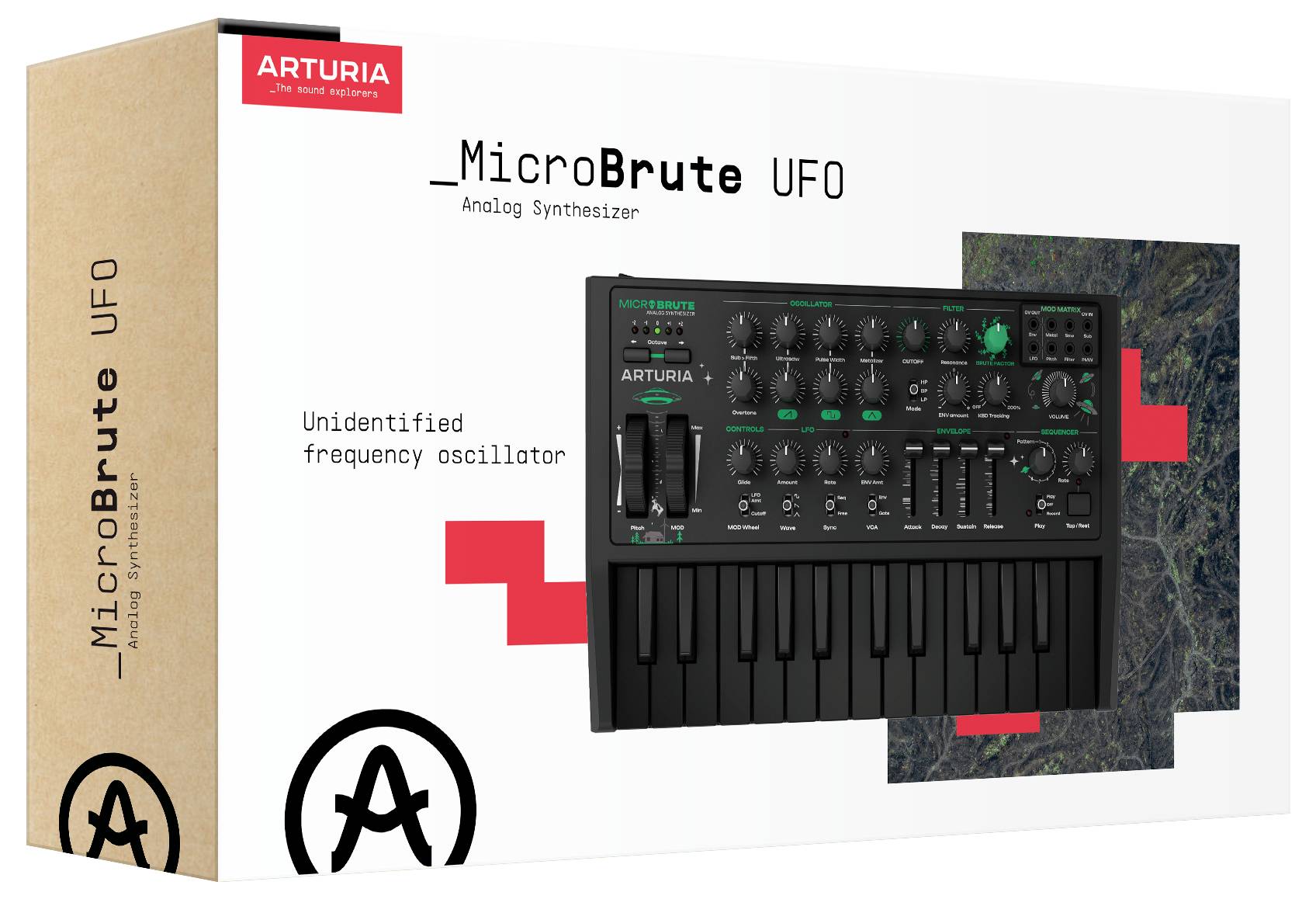 Boîte du synthétiseur analogique Arturia MicroBrute UFO avec image du synthétiseur montrant des touches et divers boutons de contrôle sonore.