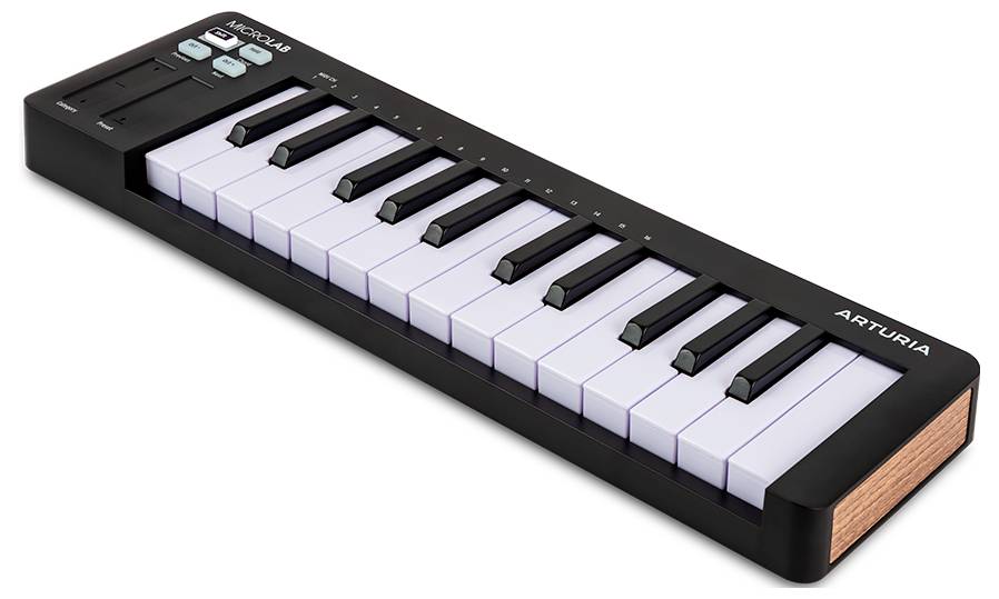 Un clavier MIDI compact noir et blanc de 13 touches avec des boutons de contrôle sur le côté, conçu pour la production musicale et la performance.