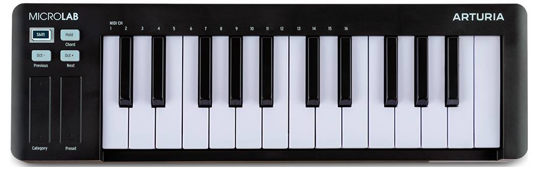 Clavier MIDI compact avec 25 touches, portant les noms de marques 'Microlab' et 'Arturia' sur le dessus. Deux roues à gauche contrôlent la hauteur et la modulation.