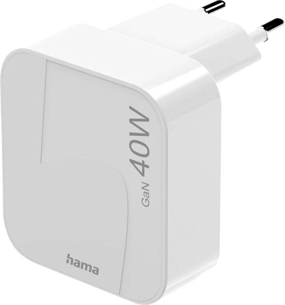 Un chargeur Hama GaN blanc de 40W avec une prise européenne, conçu pour une distribution de puissance efficace.