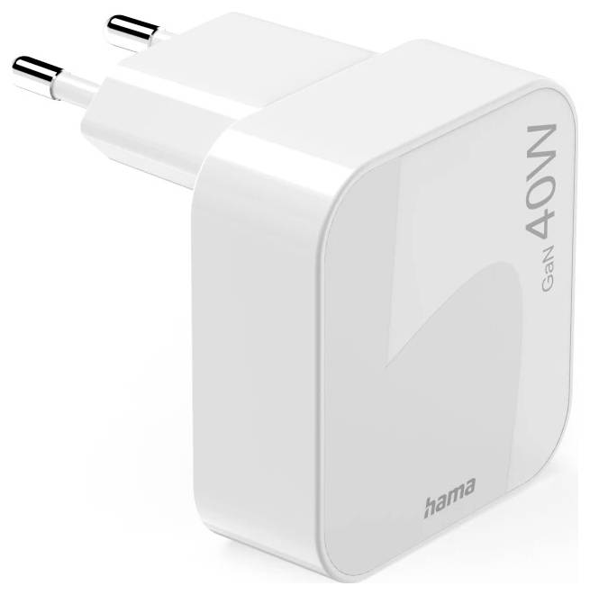 Chargeur Hama GaN blanc de 40W avec deux broches européennes, conçu pour la charge rapide des appareils.