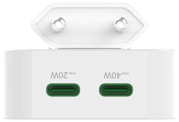 Chargeur mural blanc à double USB-C avec deux ports verts étiquetés Max 20W et Max 40W.