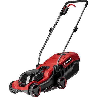 Une tondeuse à gazon rouge et noire avec une poignée, portant la marque « Einhell ».