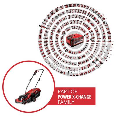 Tondeuse électrique avec un affichage circulaire de divers outils et une unité centrale d'alimentation, étiquetée 'Fait partie de la Famille Power X-Change'.