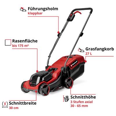 Tondeuse électrique avec manche pliable, largeur de coupe de 30 cm, hauteur de coupe réglable de 30-65 mm, bac de ramassage de 27 litres, convenant jusqu'à 175 m².